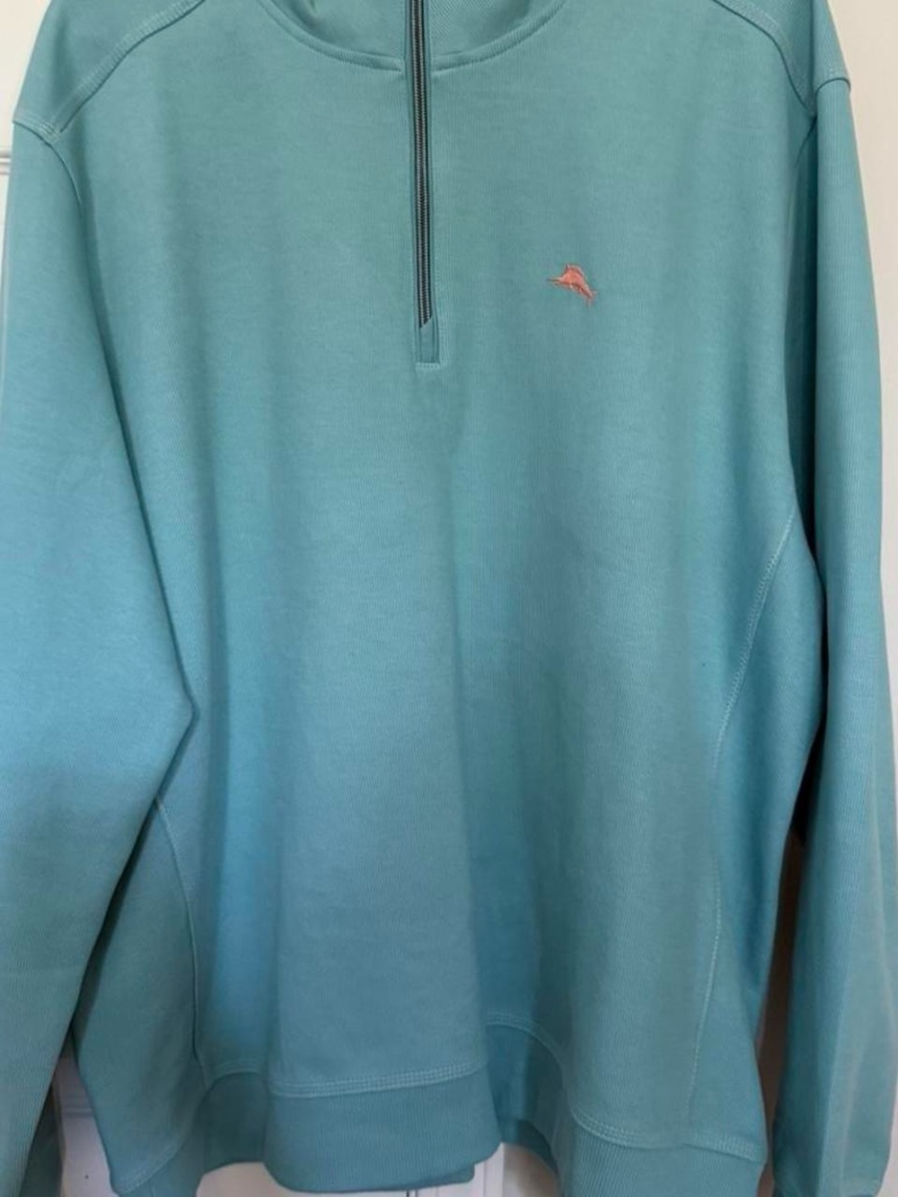 Tommy Bahama Men’s Aqua Quarter-Zip Pullover with Coral Logo